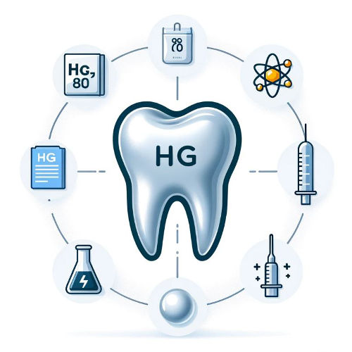 Eine Infografik, die dentalen Amalgam und seine potenziellen Gefahren darstellt, einschließlich des Symbols "Hg" für Quecksilber mit der Ordnungszahl 80 und seiner silberglänzenden Oberfläche